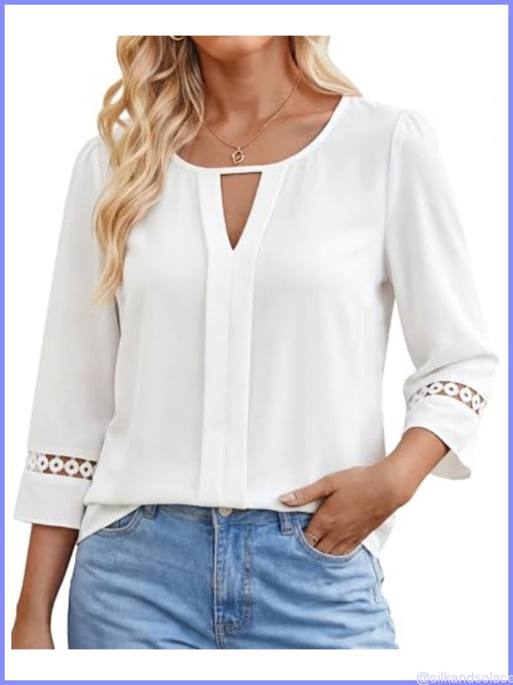 Women's 3/4 Sleeve Keyhole Neck Lace Trim Casual Blouse Top